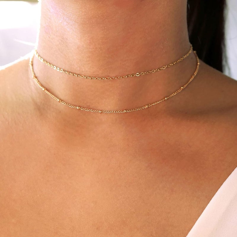 Tewiky Gold Chain Necklace for Women, 14k Gold Plated Thin Beaded Wave Box Chain Necklace Dainty Gold Necklace Simple Layered Gold Choker Necklaces Minimalist Gold Link Chain Necklace Trendy Jewelry for Women - Image 5
